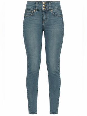 High-Waist Butt-Shaping Stretch Fitted Jeans in Faded Blue Rhinestones Size 13
